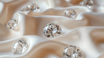 Sparkling diamonds scatter on elegant, cream-colored satin fabric. Use for luxury, jewelry, or wedding-related designs.