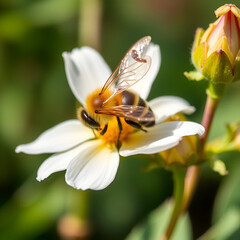 Imagen de abeja sobrevolando flor con polen en patas