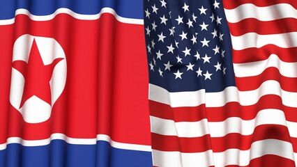 Flags of KOREA NORTH and USA with realistic cloth texture