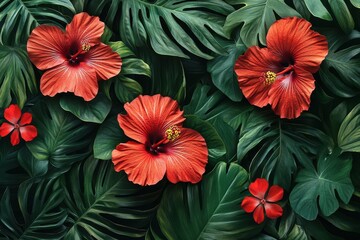 Hibiscus and monstera leaves create a vibrant, tropical floral background. Use this image to create stunning wallpaper or website design.