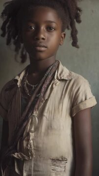 Portait of a solemn preteen child with natural hair wearing worn fabric clothes and simple necklace against a neutral background.
