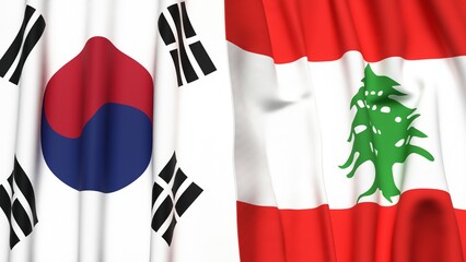 Flags of KOREA SOUTH and LEBANON with realistic cloth texture