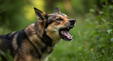 Growling Dog Showing Teeth Outdoors in Natural Setting