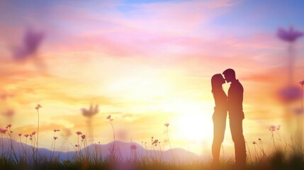 Fototapeta premium Romantic Silhouette of Couple Embracing During Sunset in a Colorful Floral Landscape
