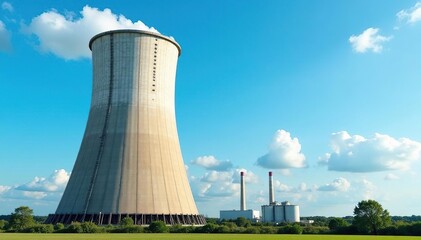 Fototapeta premium Large industrial cooling tower against a blue sky Modern power plant infrastructure Energy production , environmental engineering, HVAC