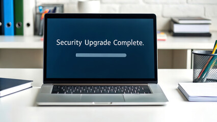 A laptop on a desk displays the message "Security Upgrade Complete." in a modern office setting.