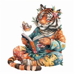 Whimsical tiger reading book