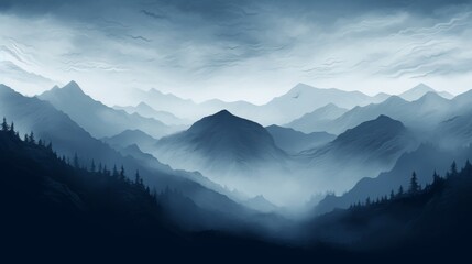 Misty Mountain Valley Under Soft Blue Sunrise with Atmospheric Fog and Serene Natural Landscape