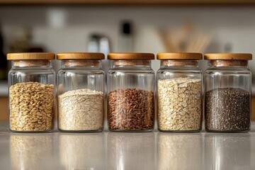 Five glass jars with wooden lids containing different types of grains. Showcase healthy food ingredients or zero waste kitchen storage ideas.
