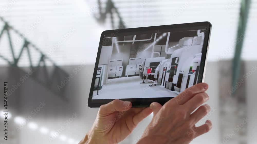 Aufkleber augmented reality vision using digital tablet. industrial production engineer