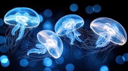 Obraz premium Ethereal Glowing Jellyfish Dancing Gracefully in Deep Blue Ocean Background with Soft Light Effects