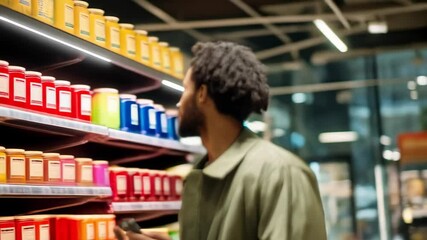 African descent man browsing on smartphone in grocery store aisle, smiling while doing his shopping for healthy food and meal ingredients. - Powered by Adobe