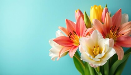 Naklejka premium Vibrant Easter lilies and tulips in a spring bouquet , botany, floral arrangement