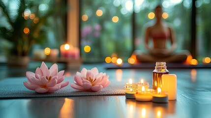 Zen candles and pink flowers offer a natural aroma for spa relaxation and beauty