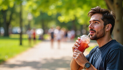 Naklejka premium Young man savoring frozen drink in park, summer relaxation