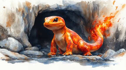Fiery lizard in a cave