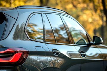 A sleek. modern SUV parked in a contemporary showroom. showcasing its elegant rear design with sharp taillights. reflecting natural light from large windows