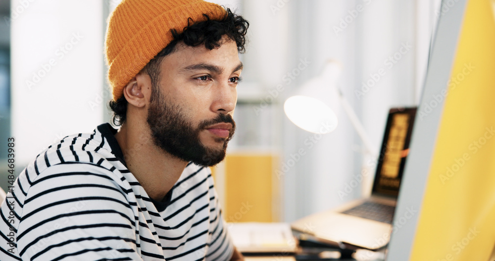 Poster Startup, web designer and man on computer in office for software, website update or user interface. Creative agency, professional and person on pc for online project, graphic design and internet
