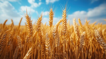 Fototapeta premium Closeup of golden wheat fields swaying in the breeze under a bright blue sky