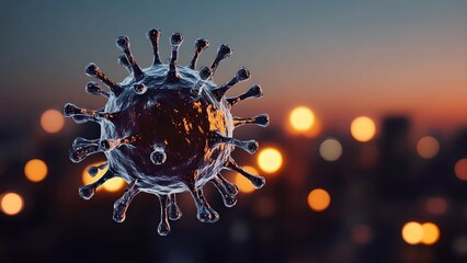 Closeup of a large virus against city lights at night with ample copy space for text