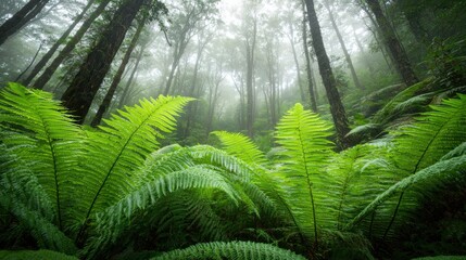 A forest floor covered in ferns and trees.