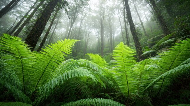 A forest floor covered in ferns and trees.