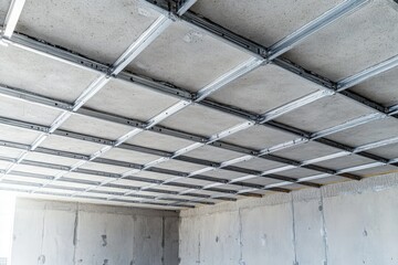 Obraz premium Modern interior construction showcasing a suspended ceiling framework in a partially finished office space. with natural light streaming through large windows in the background