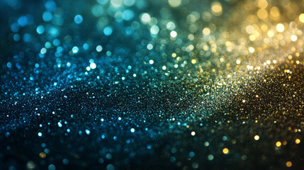 Abstract sparkling glitter background teal gold shimmering texture festive design.