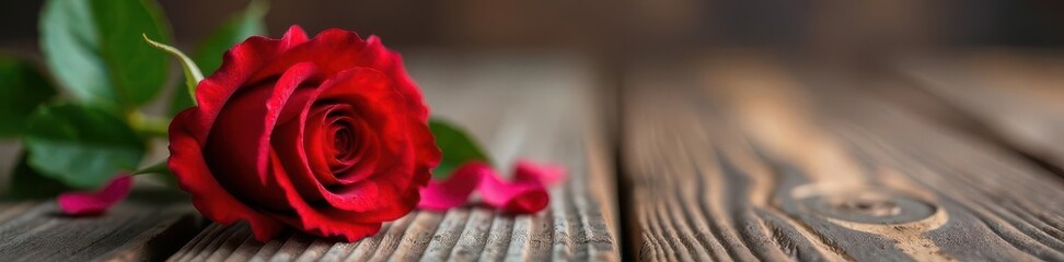 Close-up red rose on rustic wood Valentine's Day card concept , bloom, valentines day