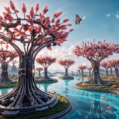 large butterfly flying over surreal pink trees in a glowing futuristic environment for use in fantasy illustrations or creative design projects