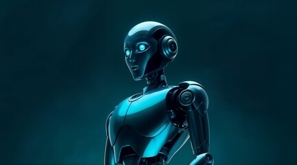 futuristic humanoid robot with glowing blue eyes on dark gradient background for use in technology presentations or sci fi themed projects