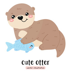 Cute otter and fish cartoon vector illustration