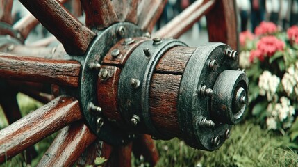 Vintage wooden wagon wheel hub detail