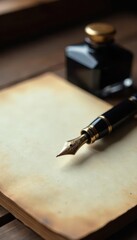 Elegant fountain pen rests on aged paper beside inkwell, old, paper