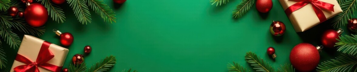 Elegant Xmas frame with gifts, ornaments & greenery on green backdrop Festive flatlay , decor, holiday, fir