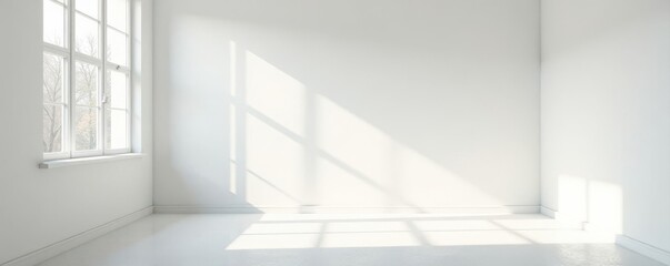Empty white room, sunlight through window, minimalist backdrop, simple, pure, sunlight