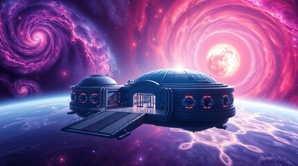 high tech dome structure with neon lights in surreal sci fi landscape for use in digital concept art or futuristic design projects