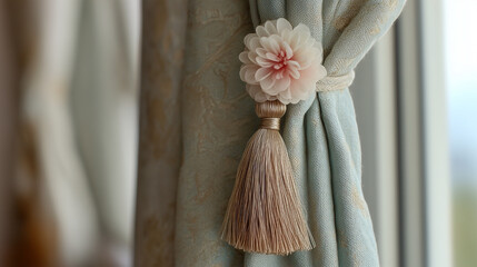 A curtain with a gold flower on it