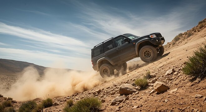Driving Vehicle on Dirt Road Kicking Up Dust Under Blue Sky