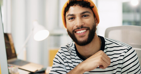 Creative, web design and portrait of man in office for software, website update and online...