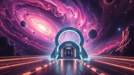 large dome with blue neon lights in otherworldly futuristic scene for use in space themed posters or imaginative illustrations