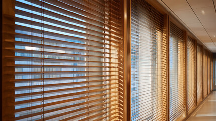 A long hallway with wooden blinds on the windows
