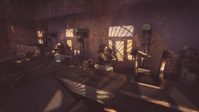 Sunlight breaks through the grime covered windows of an abandoned workshop, illuminating rusty tools scattered across a dilapidated workbench and dust covered equipment.