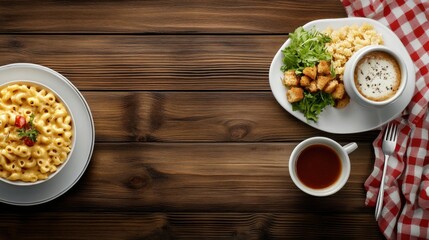 Delicious Comfort Food with Macaroni, Salad, and Soup Served Warm