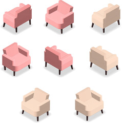Isometric set of modern sofas and comfortable chair isolated, vector illustration