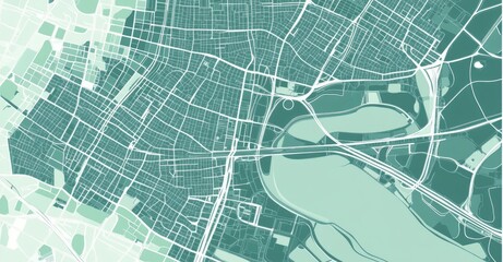 Detailed aerial map of a vibrant green urban area showcasing intricate road networks. parks. and waterways. ideal for urban planning or educational use