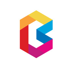 Colorful, geometric letter B logo.  Multi-colored, three-dimensional,  hexagonal  shape