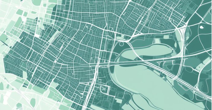 Detailed aerial map of a vibrant green urban area showcasing intricate road networks. parks. and waterways. ideal for urban planning or educational use