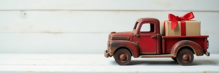 Rustic wooden truck, gift boxes, white wood background, celebration, holiday