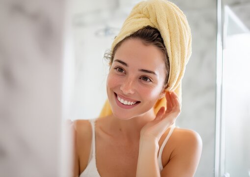 Smiling woman with towel after shower in bathroom. - Powered by Adobe